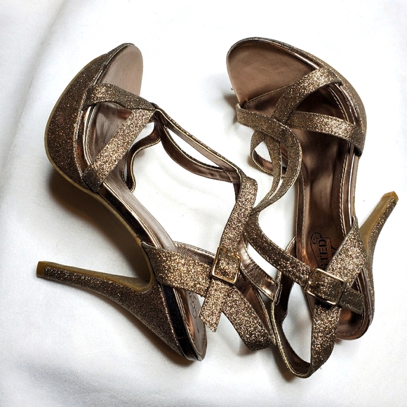 Unlisted Gold Shimmer Glitter Strappy Heels - Picture 3 of 14